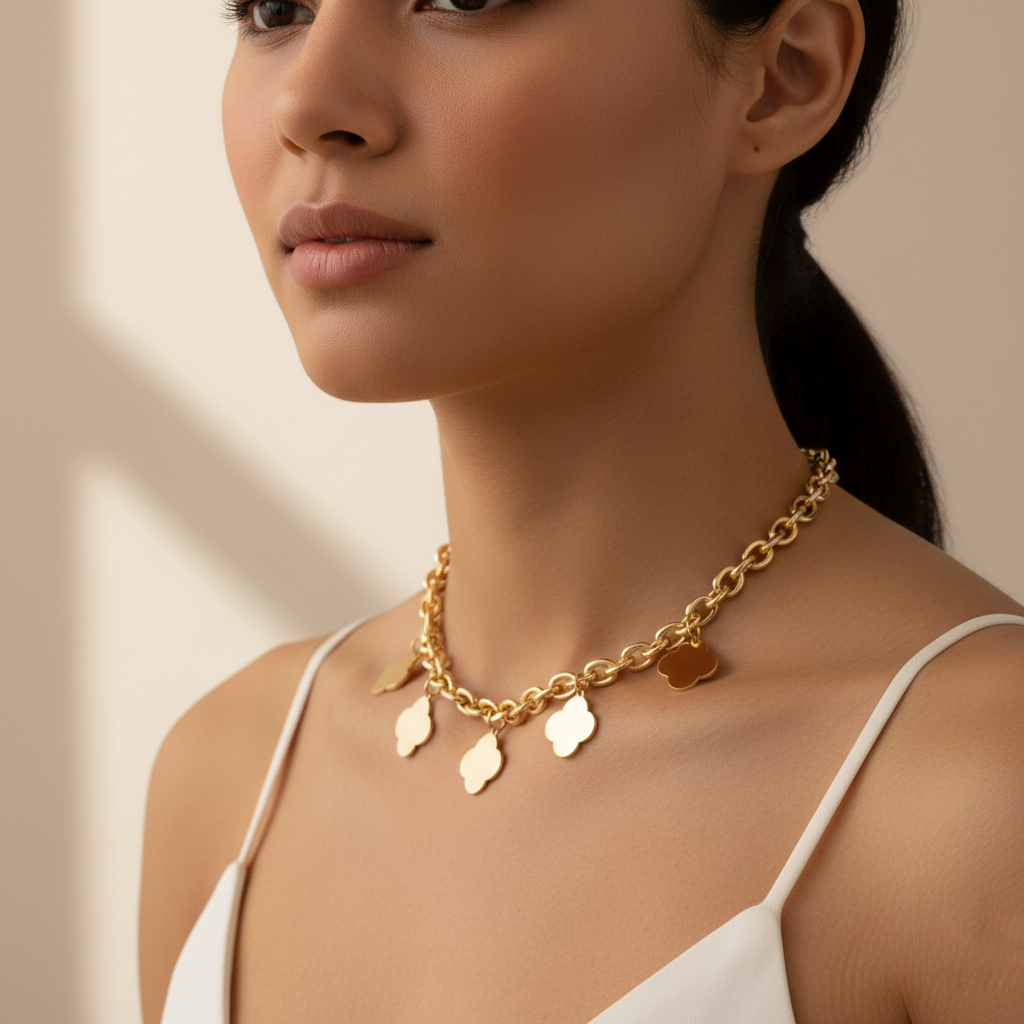 Gold and Silver Clover Charm Chunky Link Chain Necklace