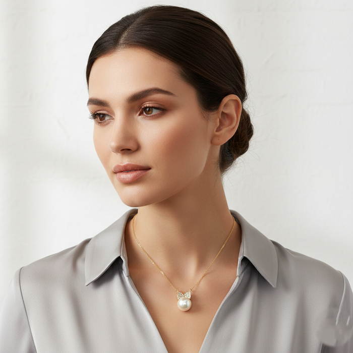 Elegant Bow & Pearl Pendant Necklace