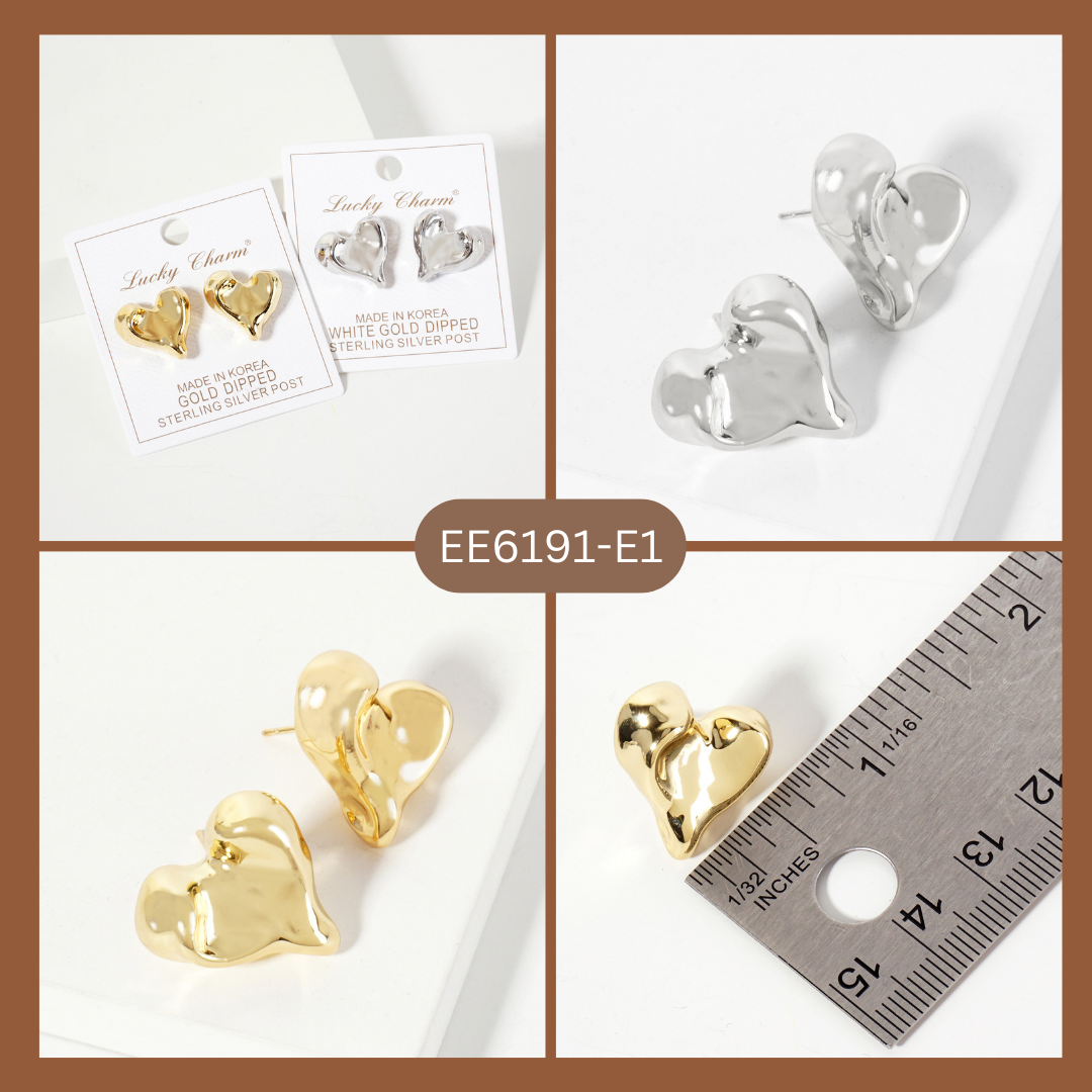 Polished Brass Hand-Pressed Button Heart Stud Earrings