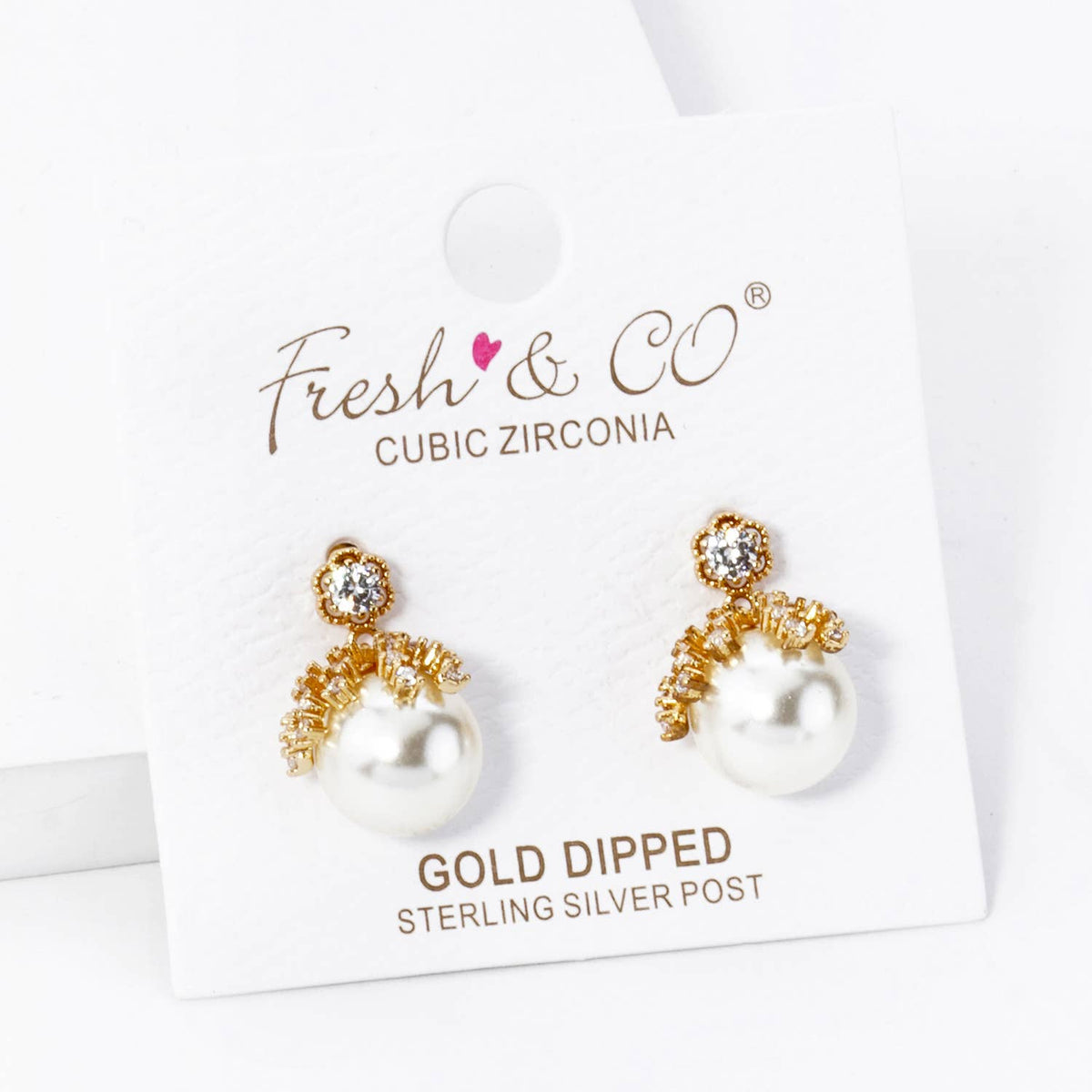 18K Gold Dipped Cubic Zirconia 10mm Pearl Dangle Post.