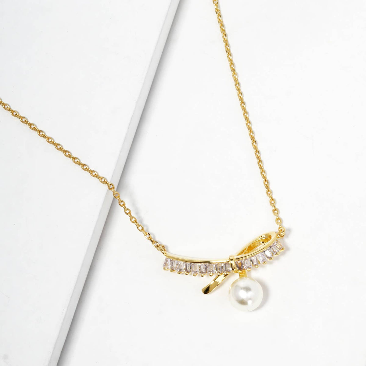 Dainty Baguette Crystal Bow & Pearl Drop Pendant Necklace