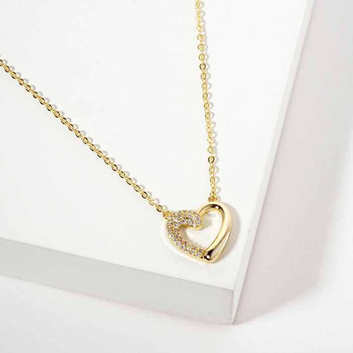 Half Pave-Set Cubic-Zirconia Heart Pendant Necklace