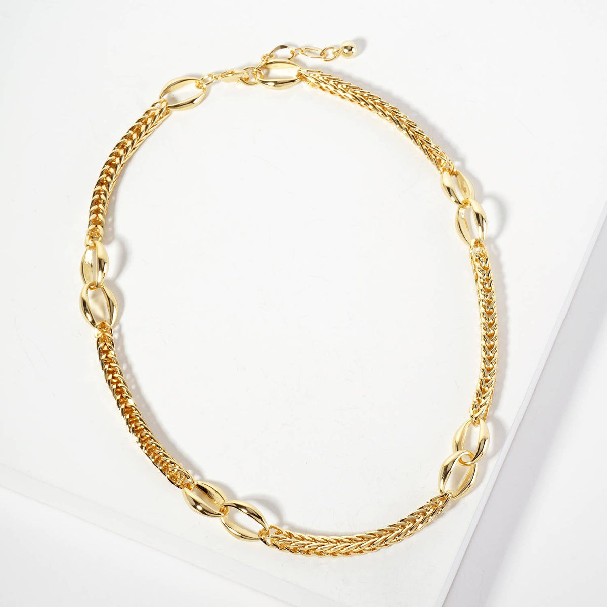 18K Gold Plated Mixed Link Wheat and Oval Chain Necklace