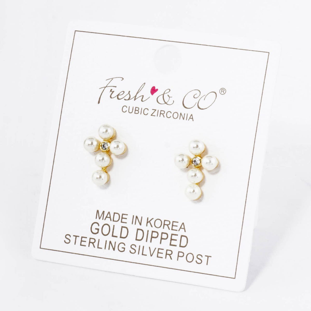 18K GOLD DIPPED 4MM PEARL BEADED CROSS STUD EARRINGS