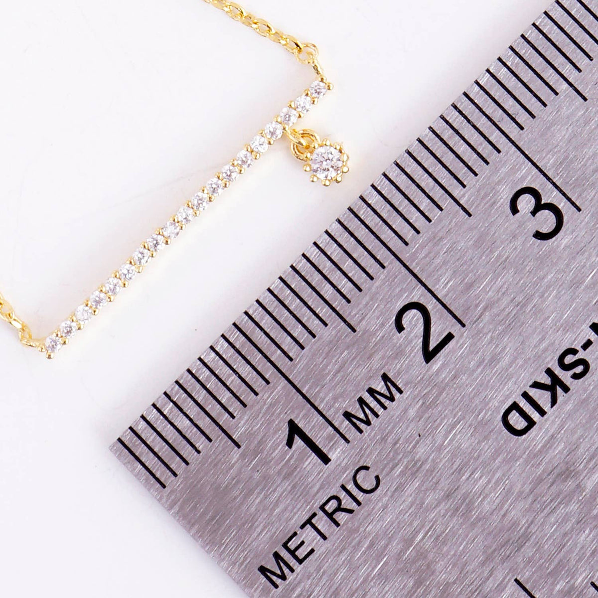 Delicate CZ Pave Horizontal Bar & Drop Charm Necklace