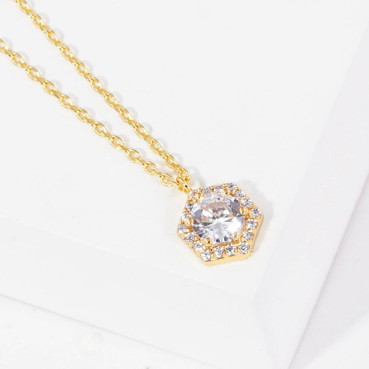 Hexagon Halo CZ Pendant Necklace