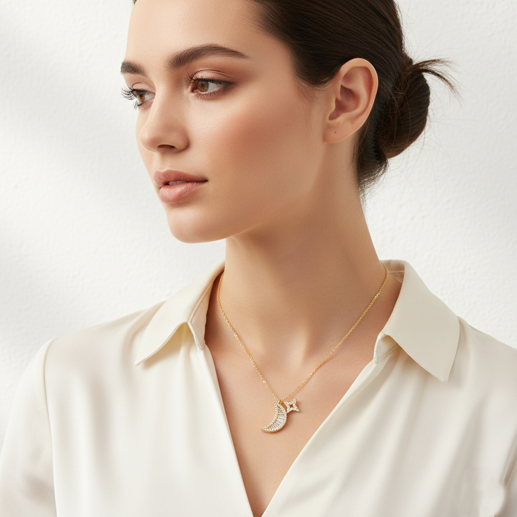 18K Gold Dipped CZ Pave Crescent Moon Pendant Necklace