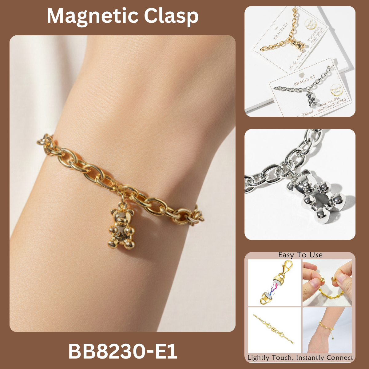 Magnetic Clasp Teddy Bear Link Chain Charm Bracelet