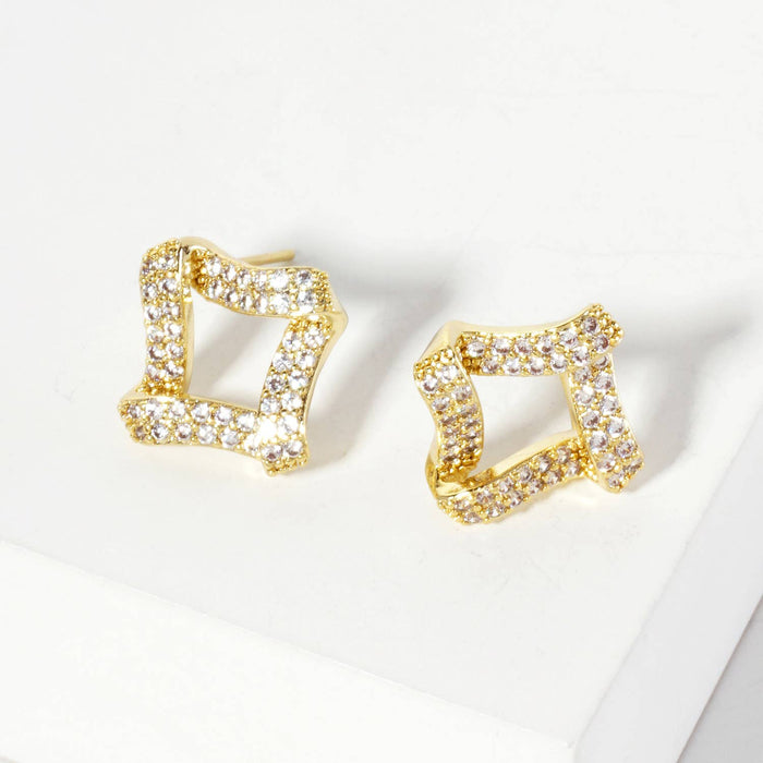 Pave-Set Rhombus-Shaped 16mm 18K-Gold-Dipped Stud Earrings