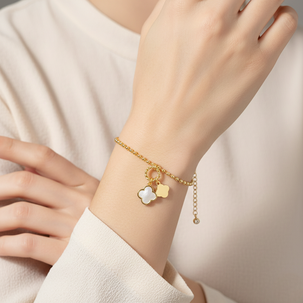 Dainty Double Clover Charm Beaded Bracelet