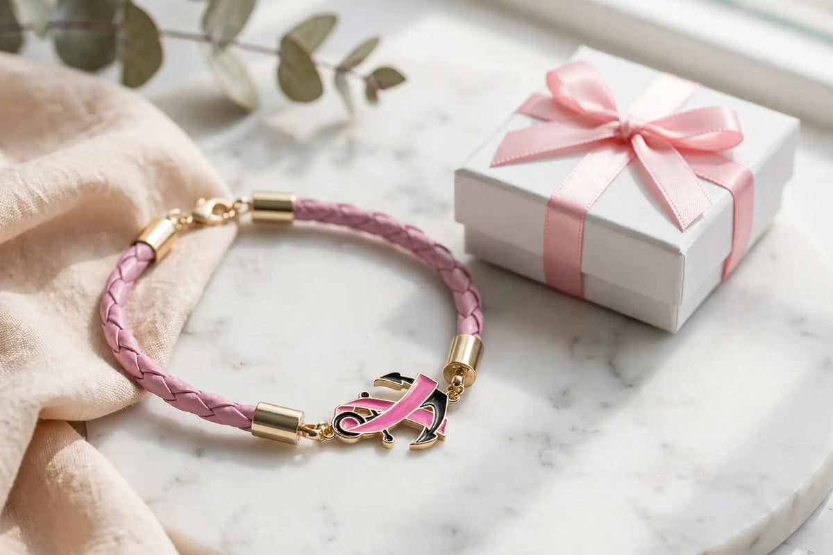 Pink Ribbon Anchor Bracelet – Gold-Dipped Braided Charm