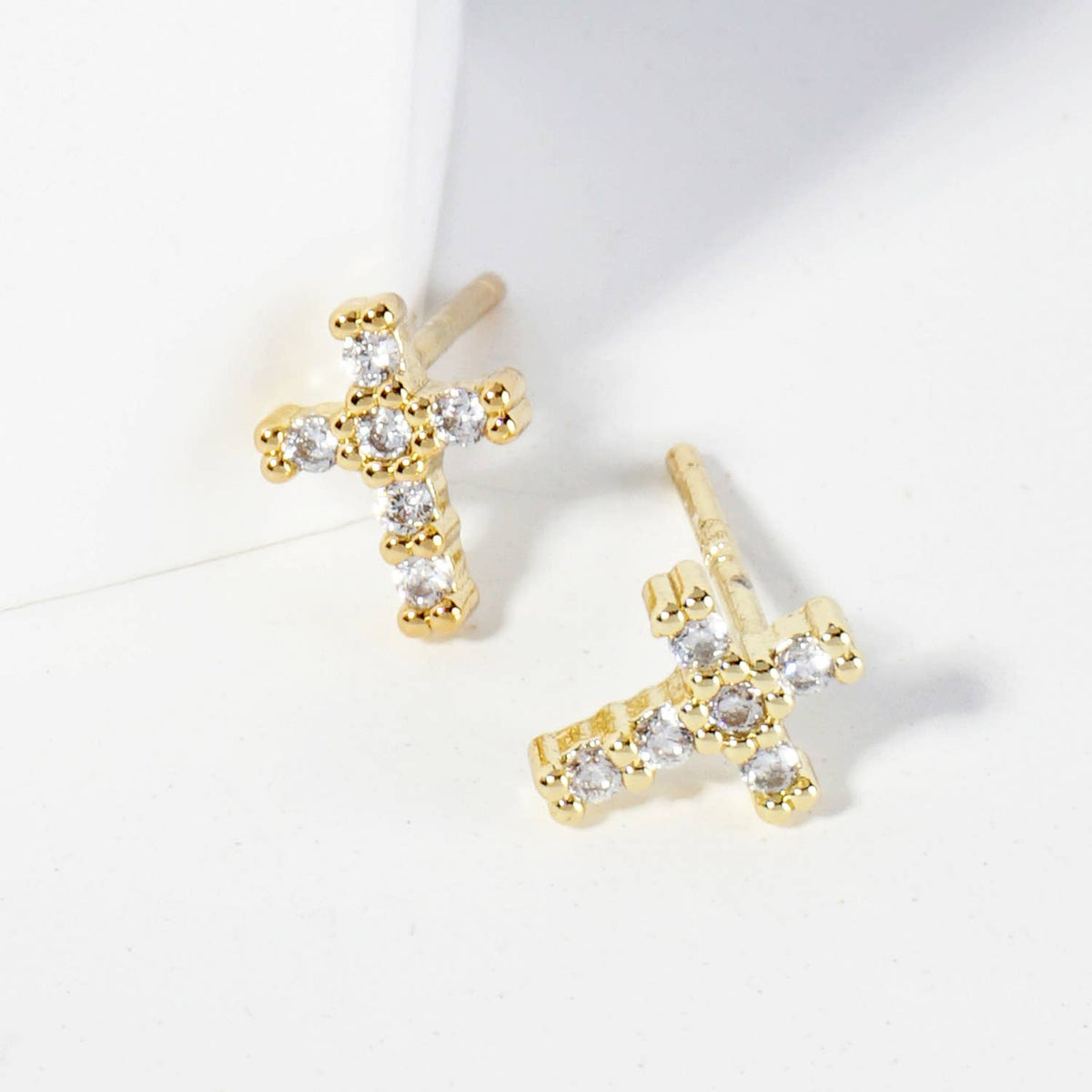 TINY CUBIC ZIRCONIA CROSS STUD EARRINGS / 18K GOLD DIPPED