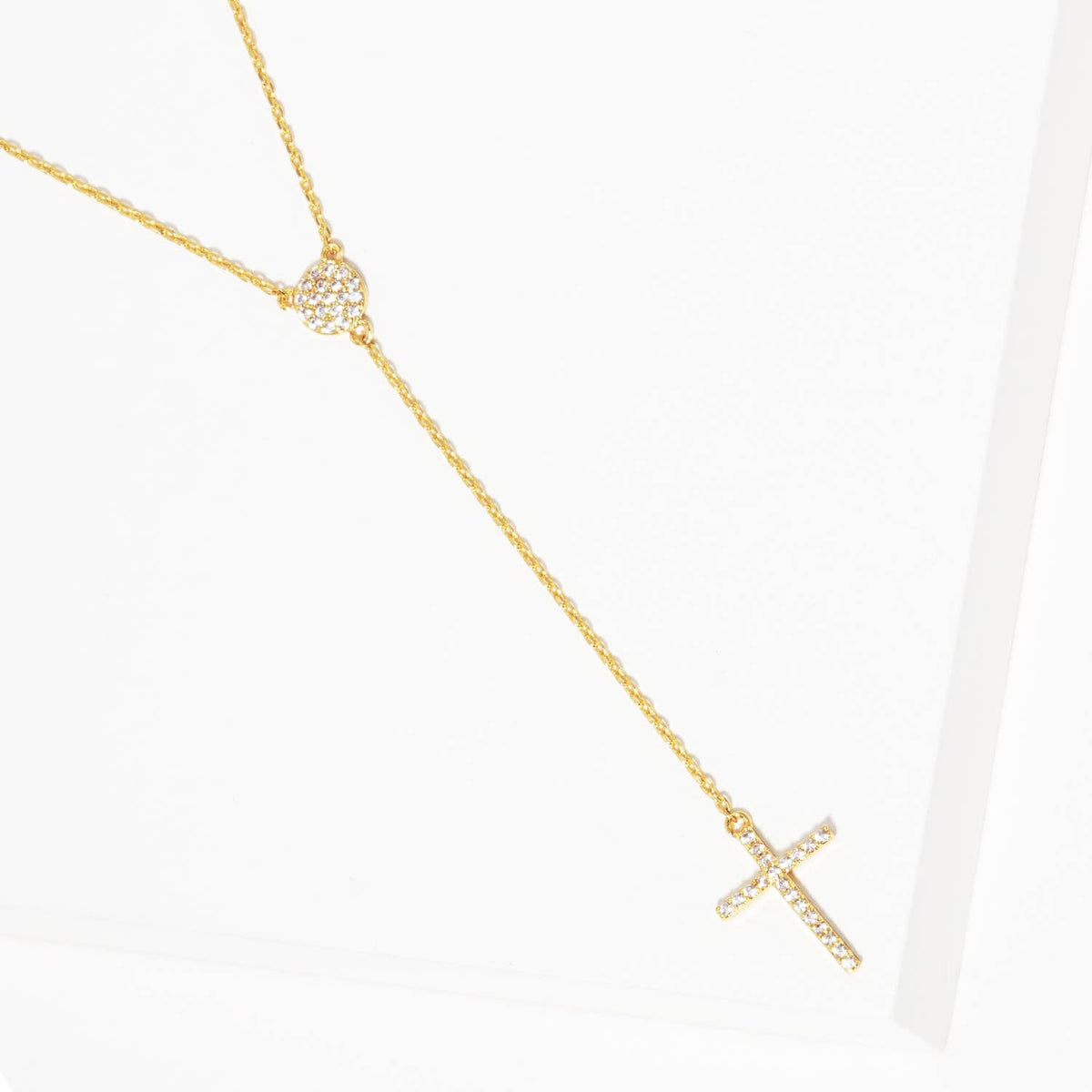 Dainty Pave Heart and Cross Lariat Necklace