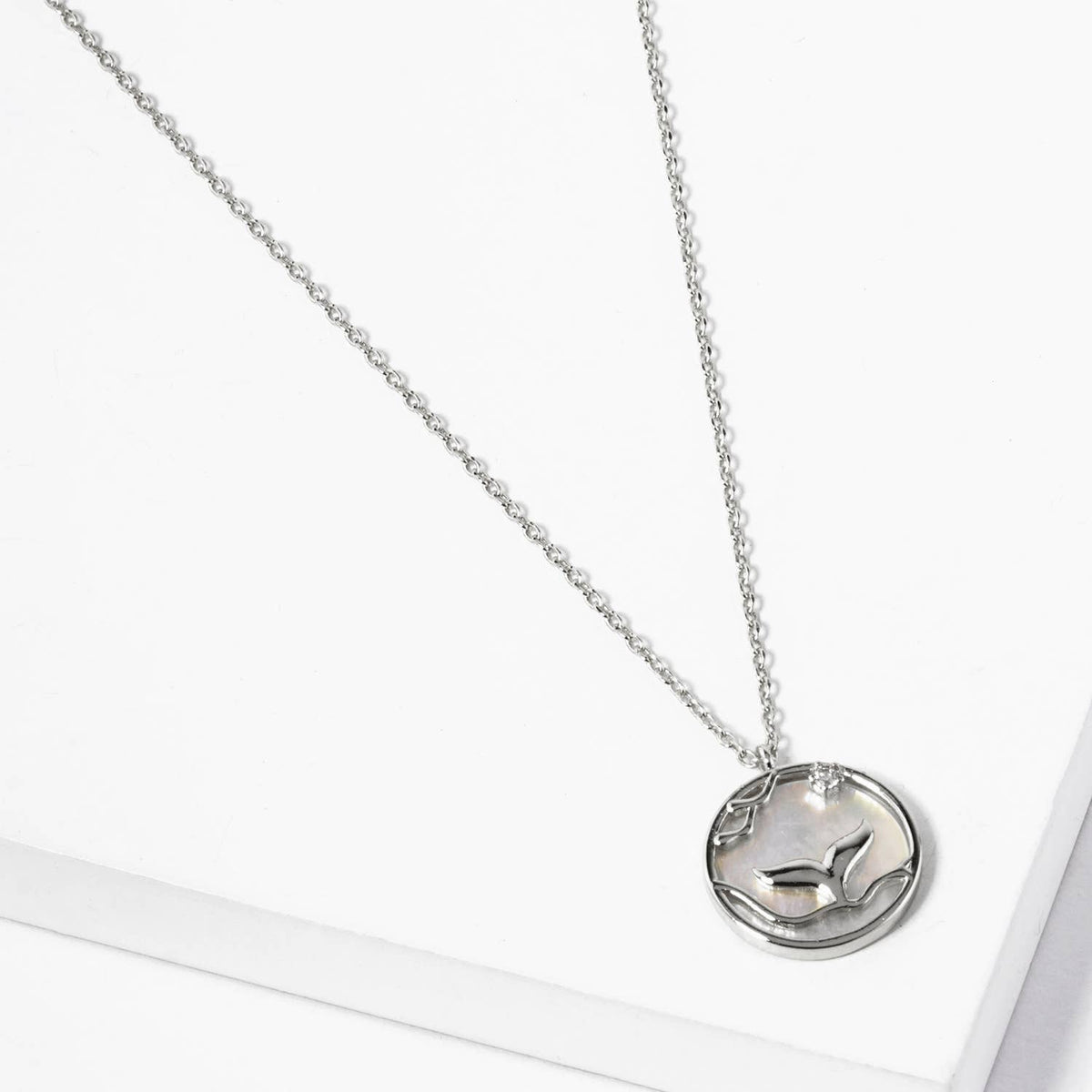 Mother of Pearl Whale Tail Disc Pendant Necklace