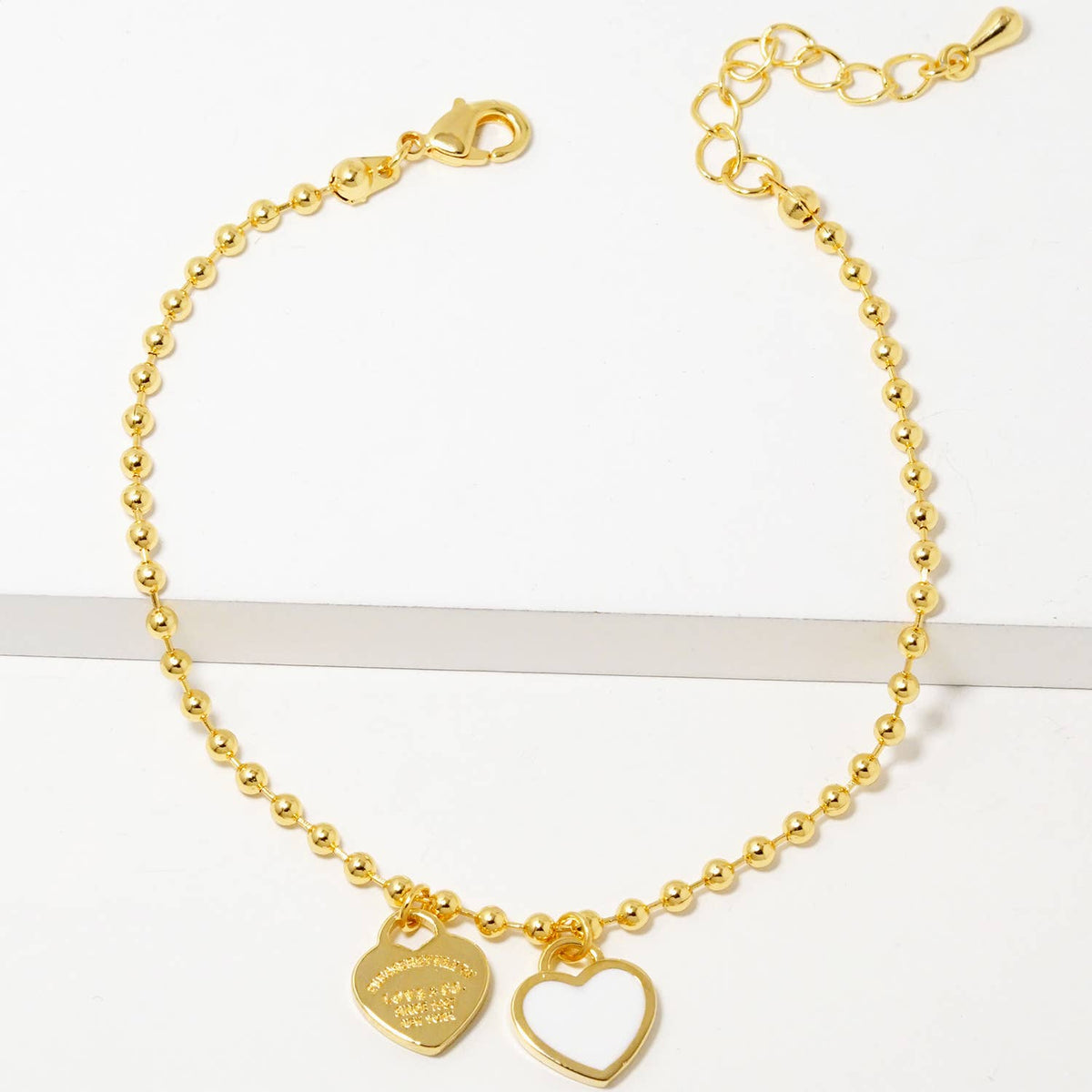 Double Heart Charm Bead Chain Bracelet - Gold & White Gold D