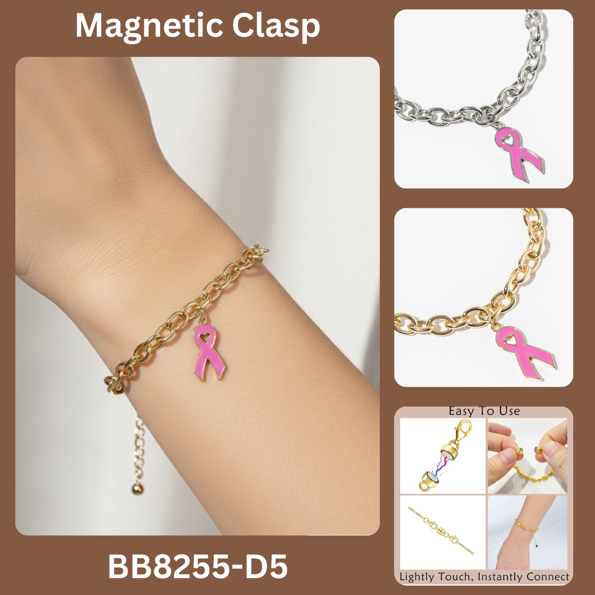 Pink Ribbon Breast Cancer Awareness Chain Bracelet