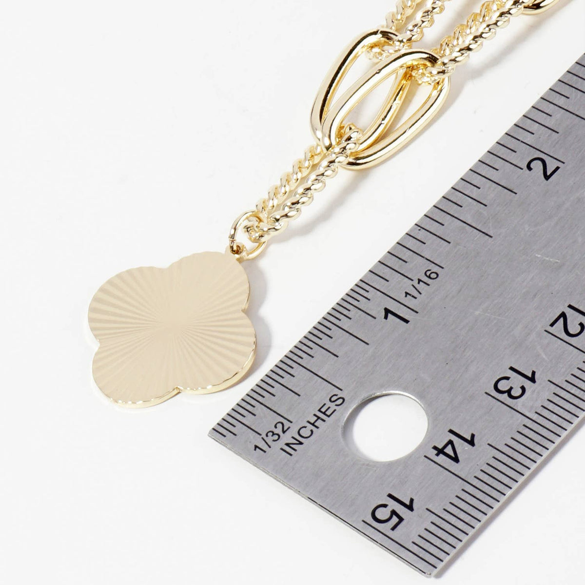 Sunburst Texture Quatrefoil Pendant Link Chain Necklace