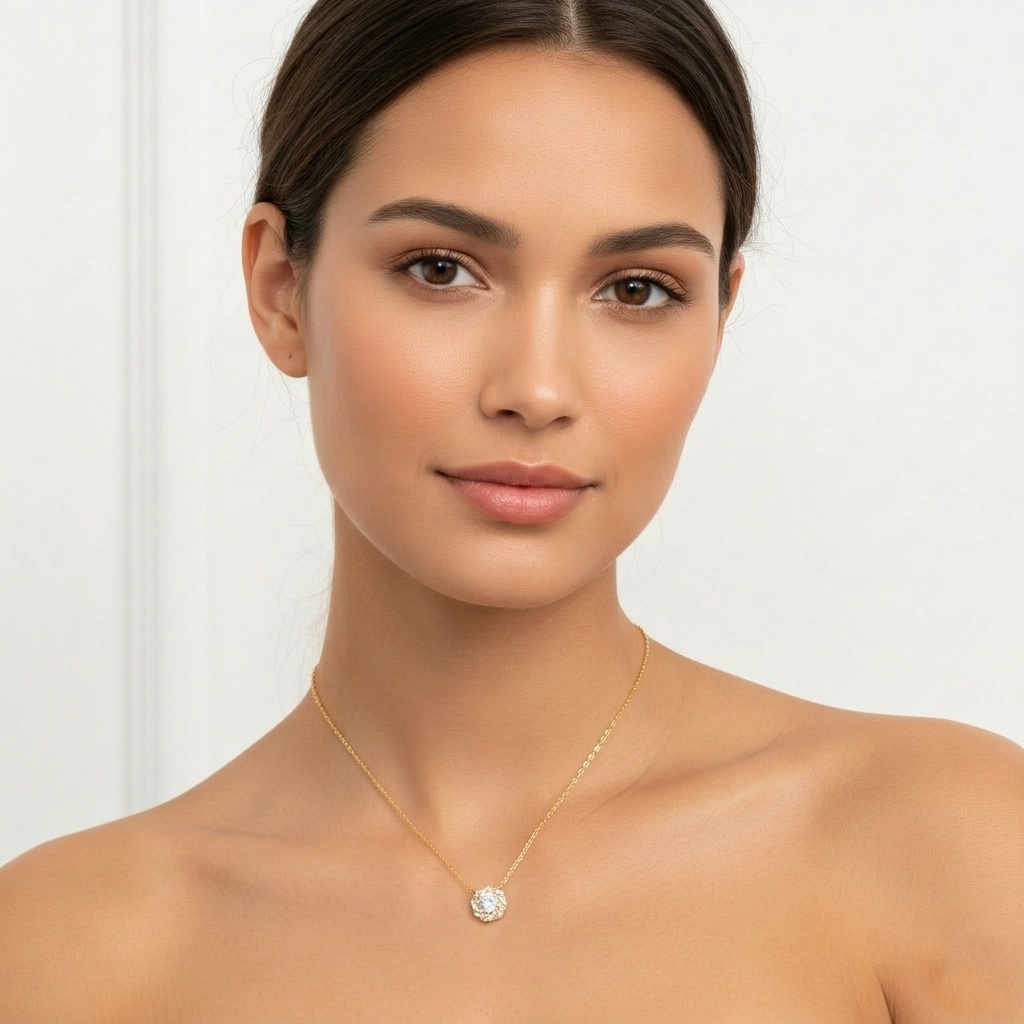 Elegant Cubic Zirconia Floral Halo Pendant Necklace