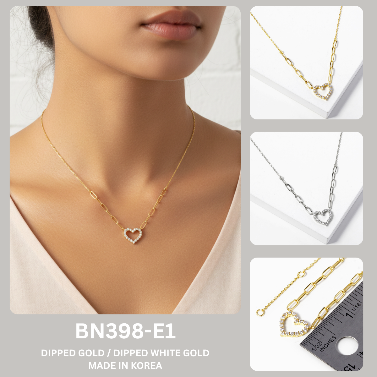 Pave CZ Open Heart Link Mixed Chain Necklace