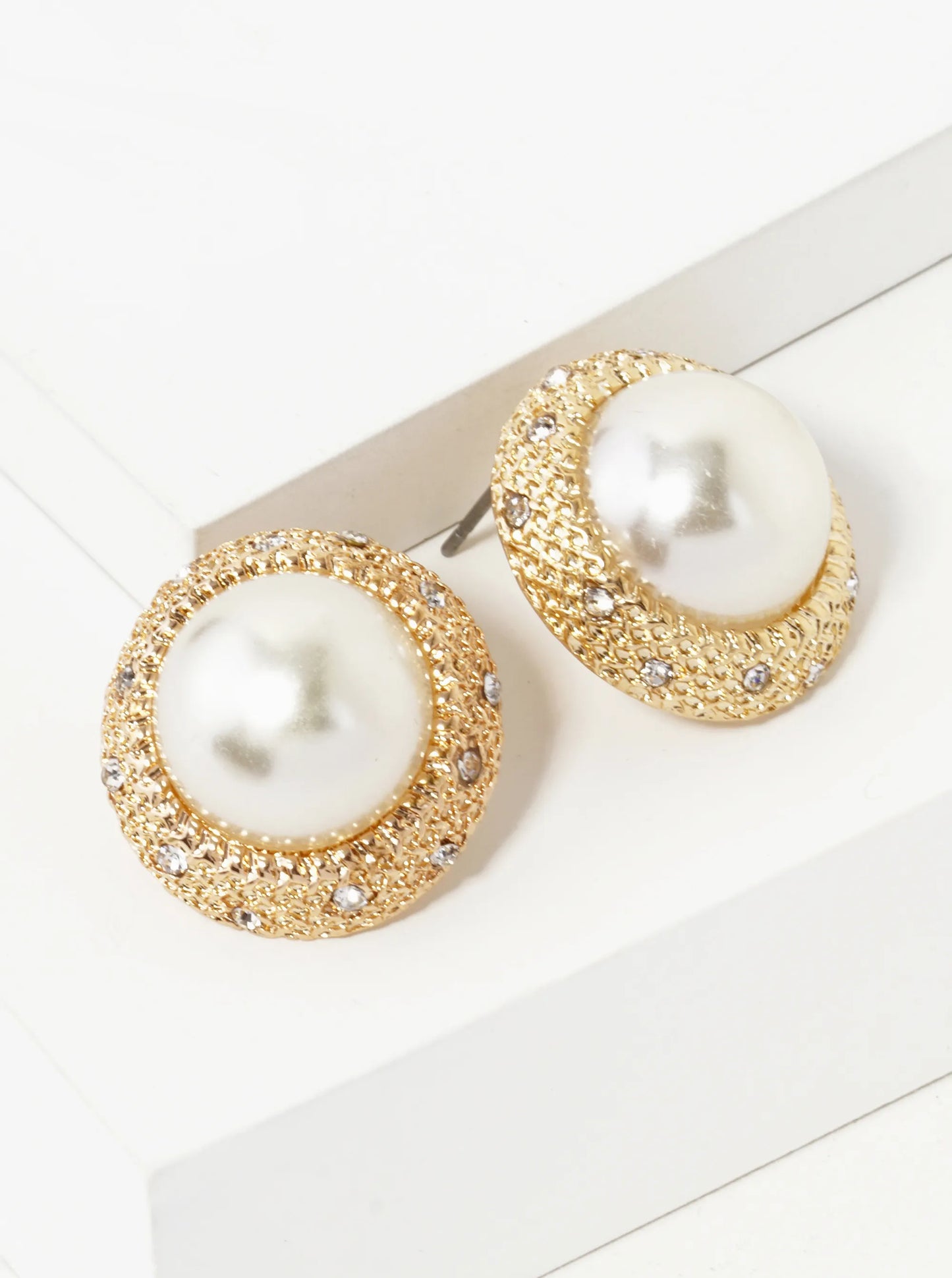 13mm Pearl Crystal Pave Round Stud Earrings