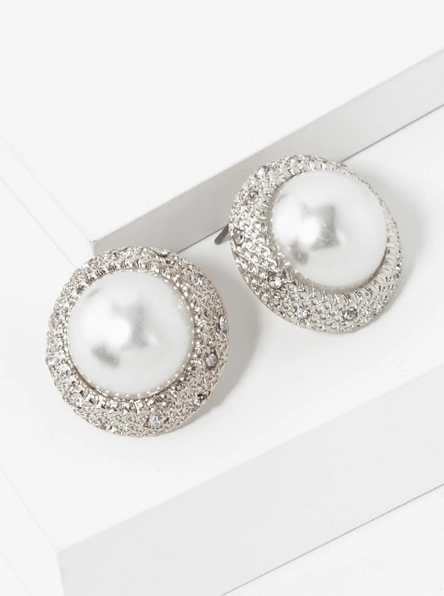 13mm Pearl Crystal Pave Round Stud Earrings