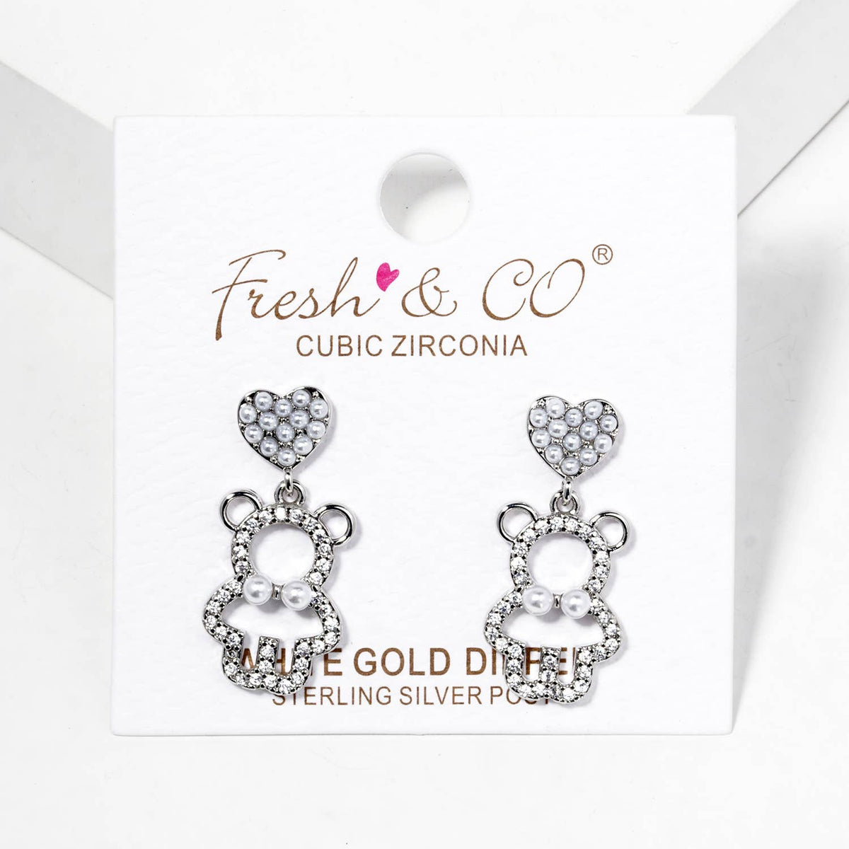 Cubic Zirconia Pearl Heart Bear Dangle Earrings