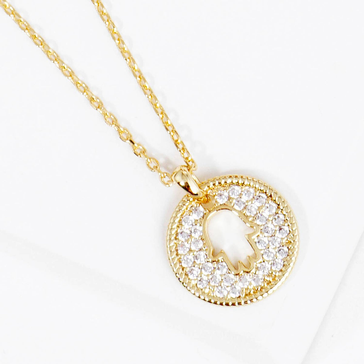 Pave CZ Disc Hamsa Hand Pendant Necklace