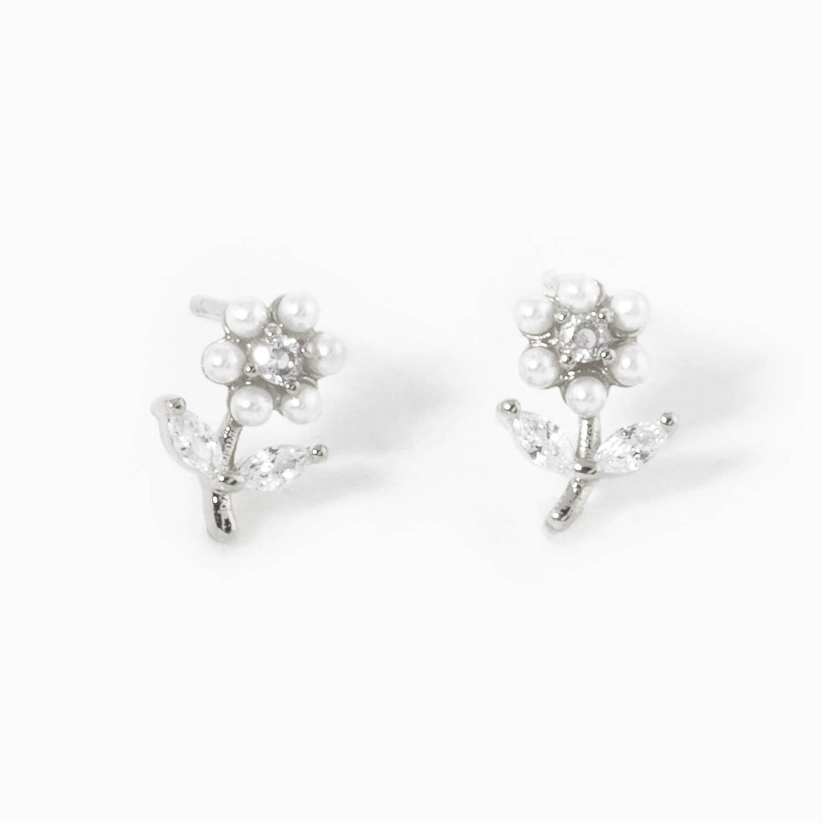 Dainty Flower CZ and Pearl Stud Earrings