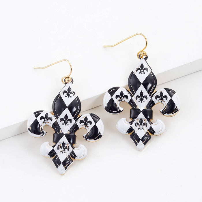 Gold Plated Dalmatian Fleur De Lis Dangle Earrings
