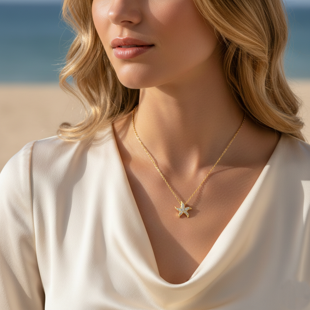Pave CZ Starfish Pendant Necklace