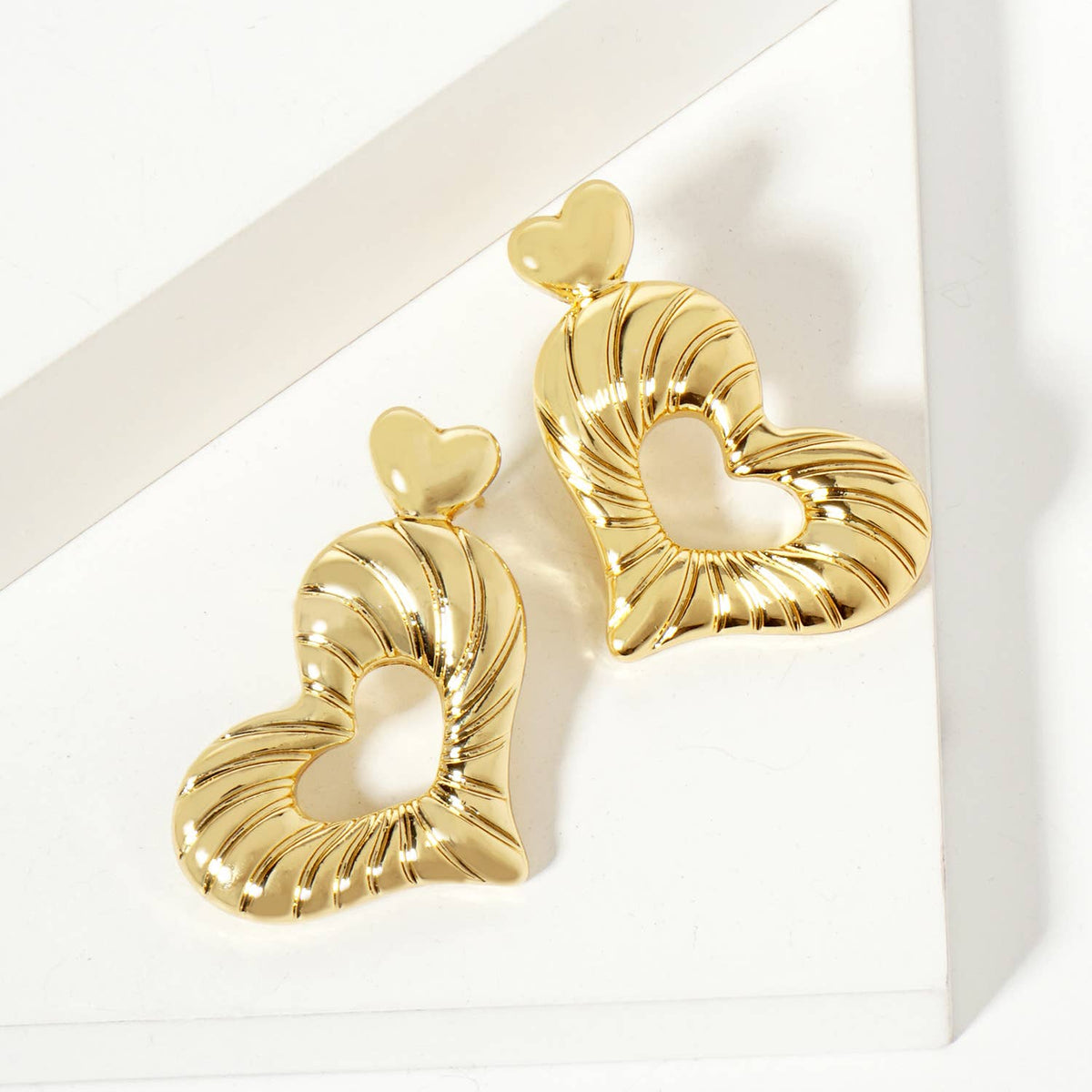 Polished Sideways Textured Heart Drop Brass Earrings