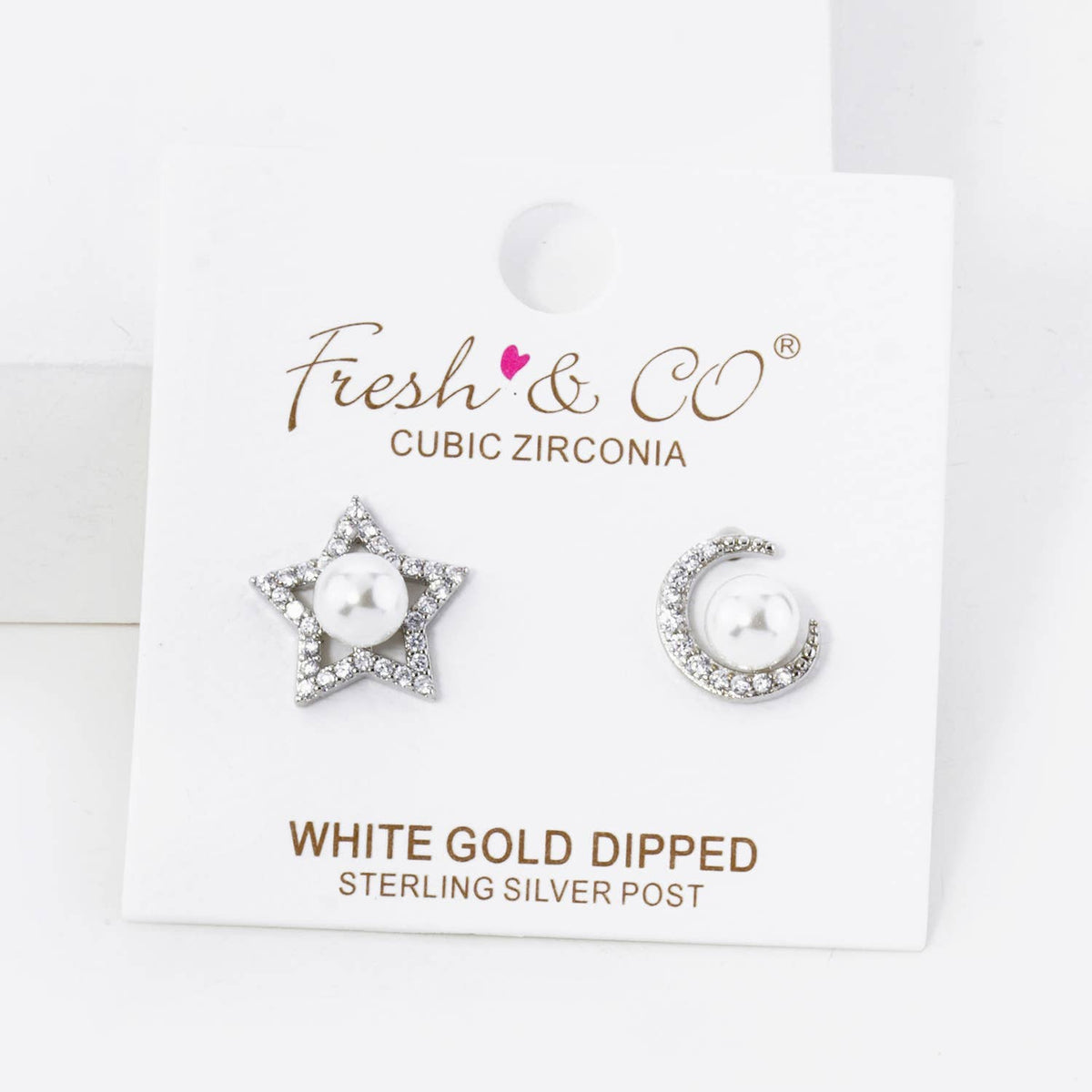 CUBIC ZIRCONIA WITH PEARL STAR AND MOON ASYMMETRICAL STUD