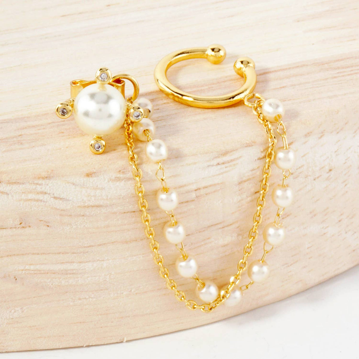 4-Prong 6mm Pearl Stud and Ear Cuff Drape Chain Earring Set