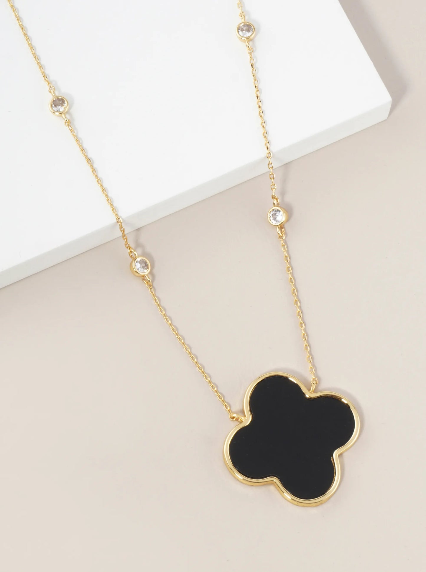 18K Gold Dipped 1 Inch Quatrefoil Pendant CZ Stone Chain Necklace