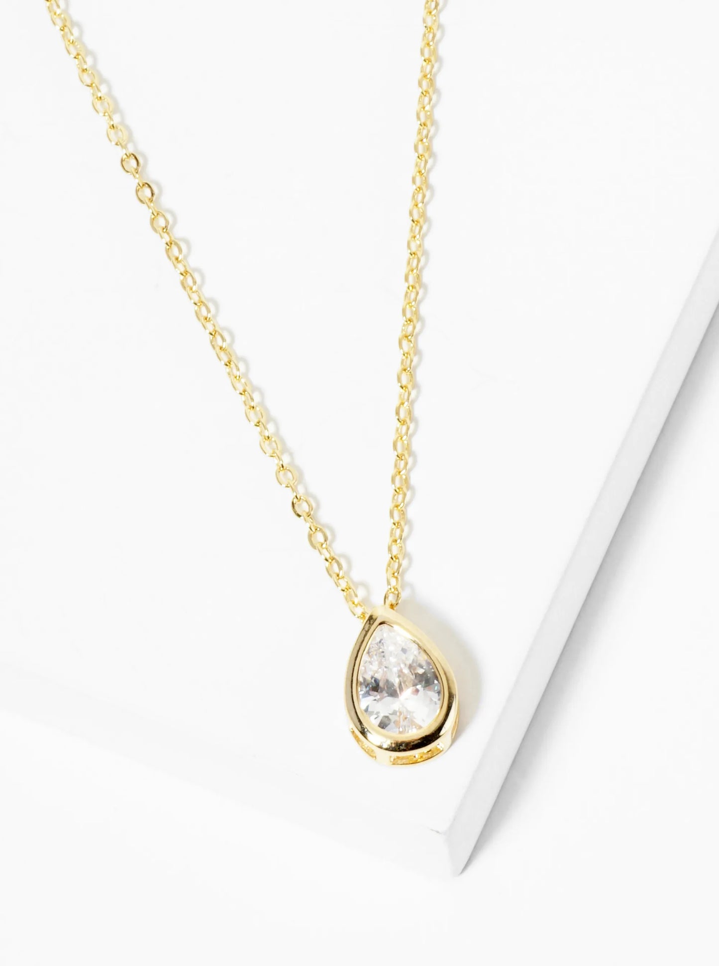 18K Gold Dipped 10mm Bezel Set CZ Teardrop Pendant Necklace