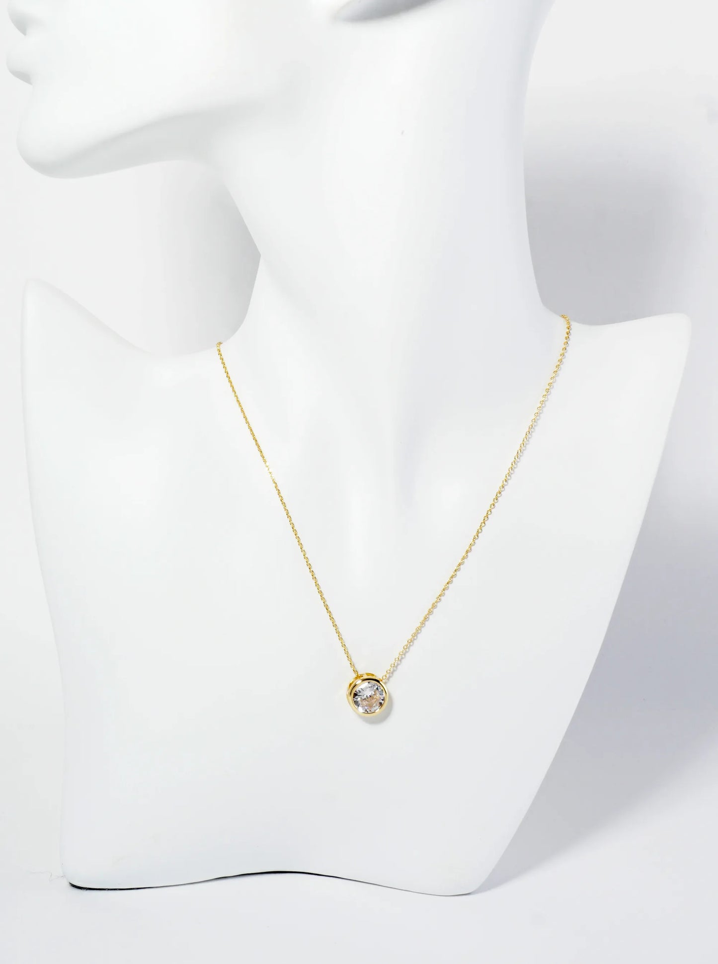 18K Gold Dipped 10mm Bezel Set Round CZ Stone Pendant Necklace