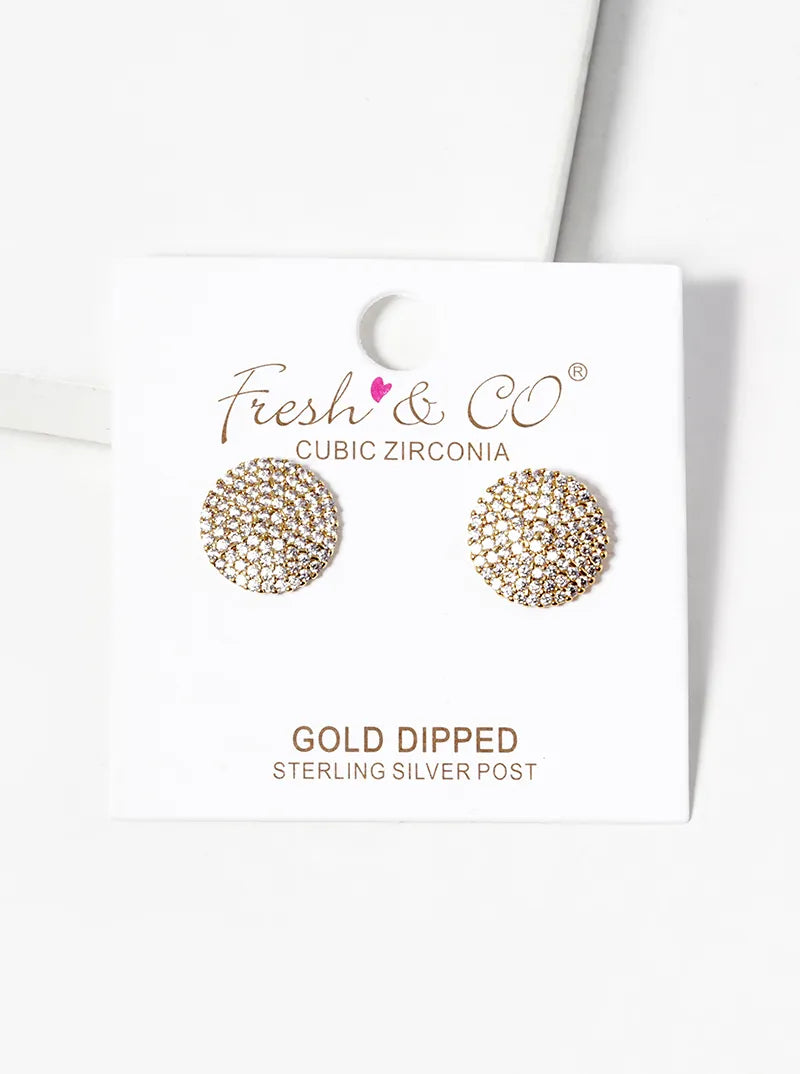 18K Gold Dipped 11mm CZ Pave Round Statement Post Stud Earrings