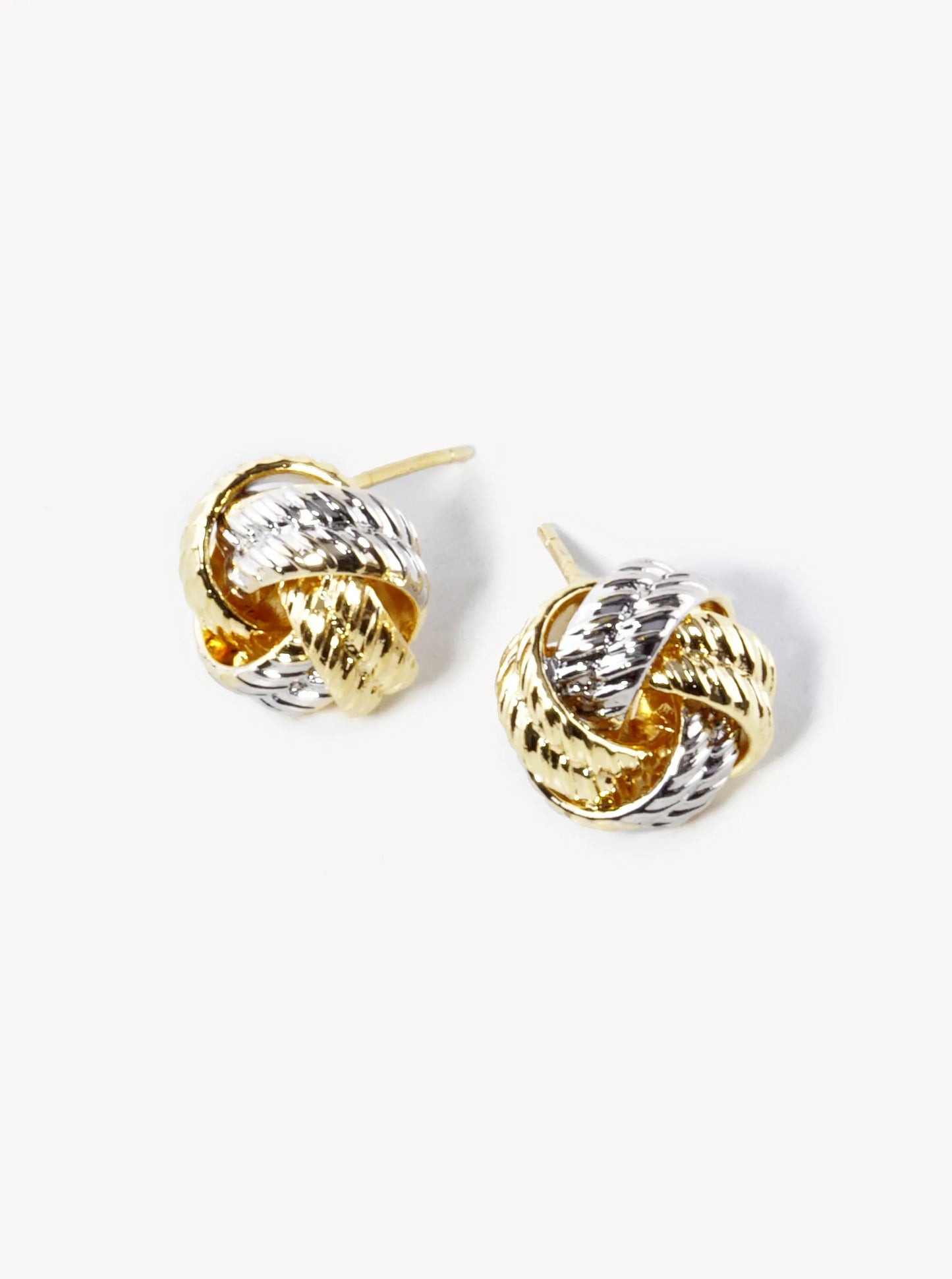 White Gold Dipped 11mm Textured Brass Love Knot Stud Earrings