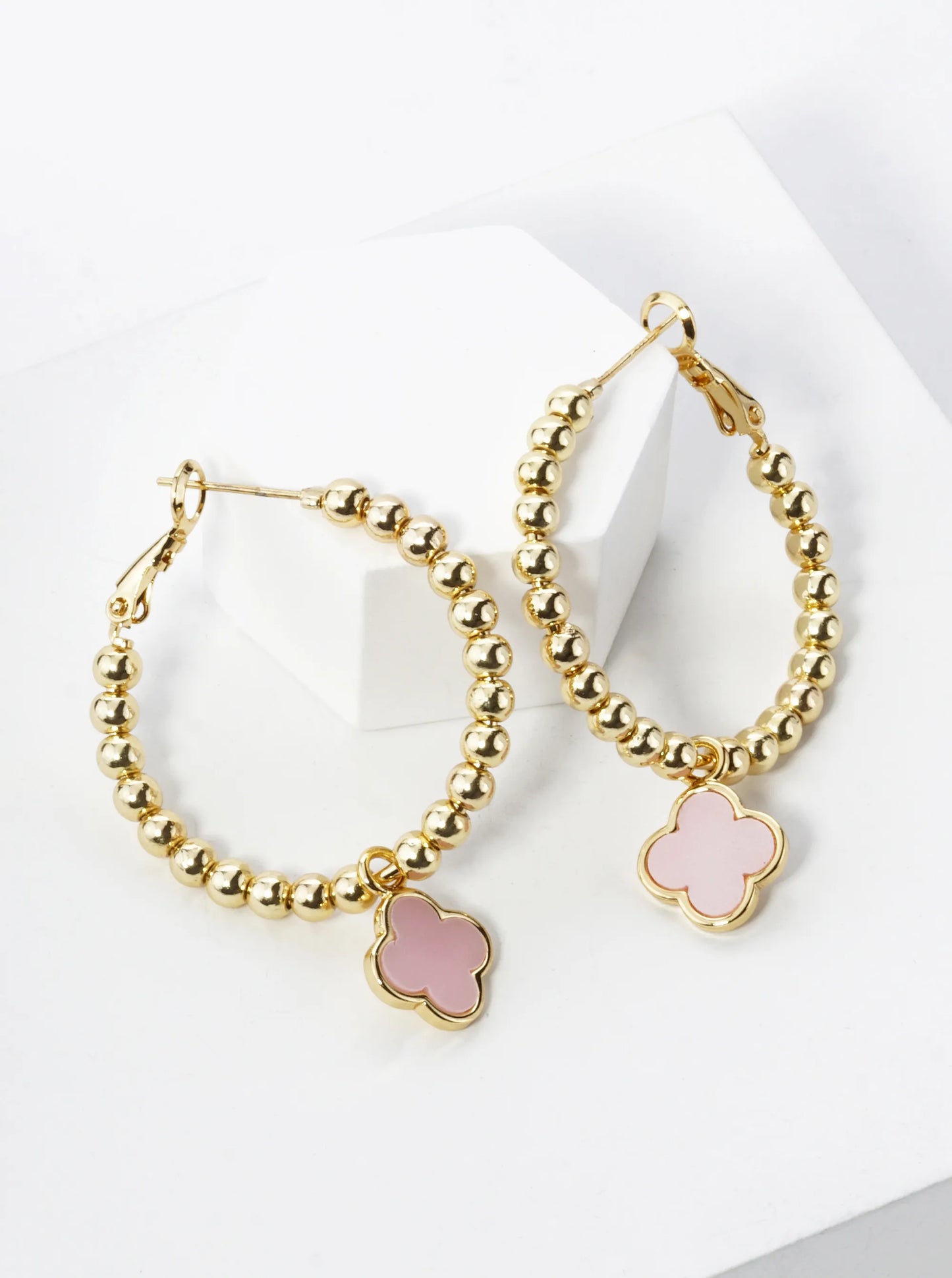 18K Gold Dipped 12mm Quatrefoil Drop 30mm Ball Beaded Leverback Hoop Earrings