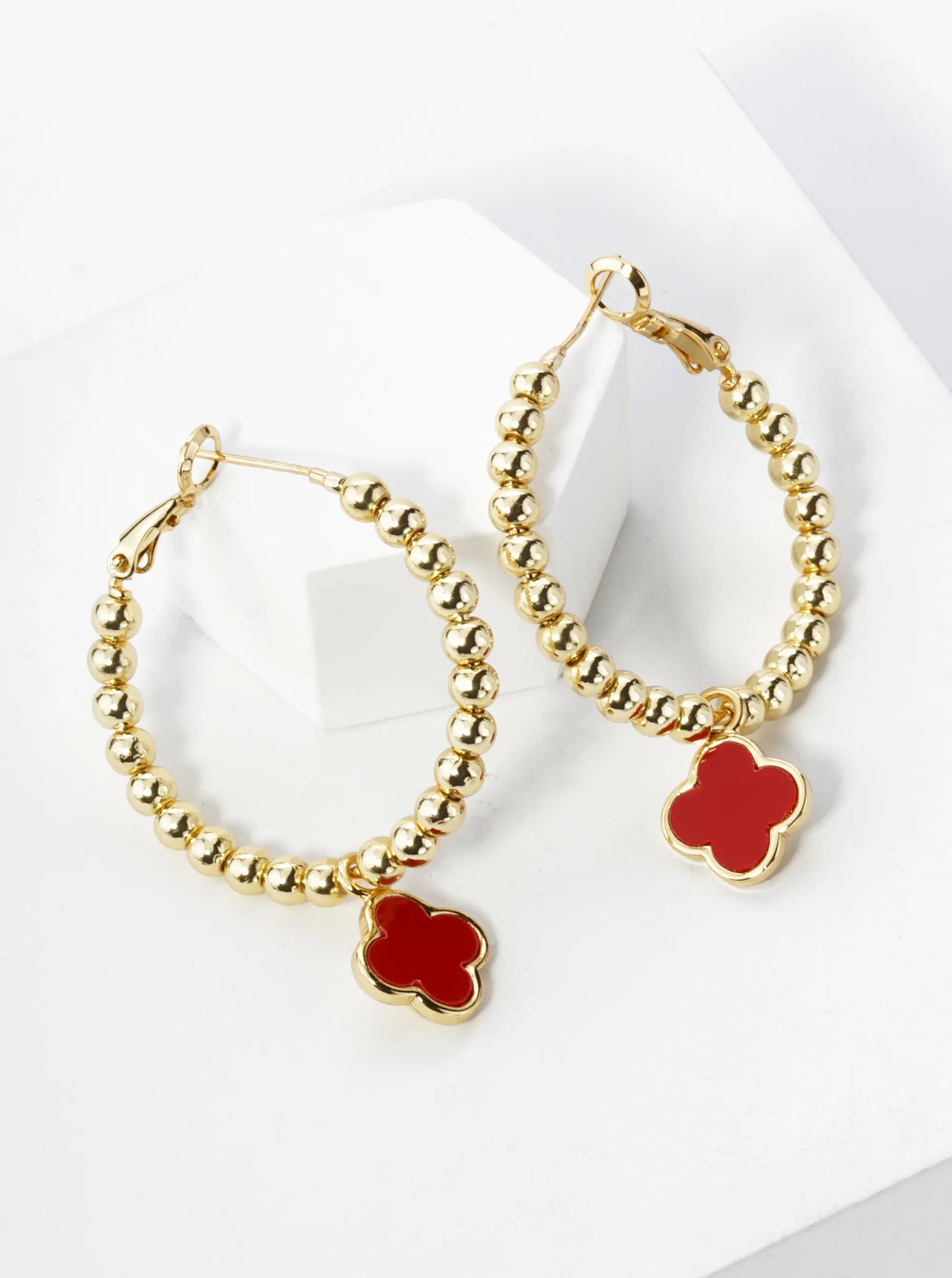 18K Gold Dipped 12mm Quatrefoil Drop 30mm Ball Beaded Leverback Hoop Earrings