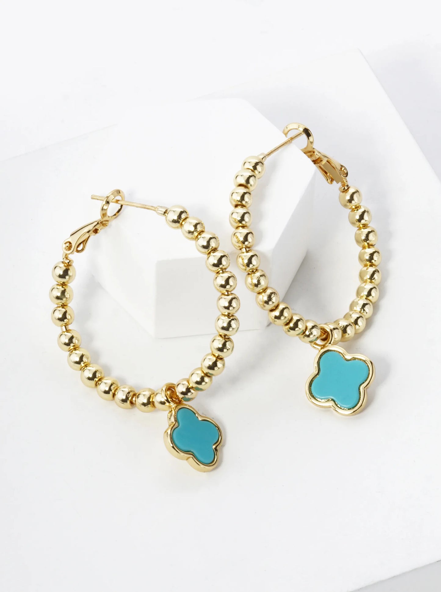 18K Gold Dipped 12mm Quatrefoil Drop 30mm Ball Beaded Leverback Hoop Earrings