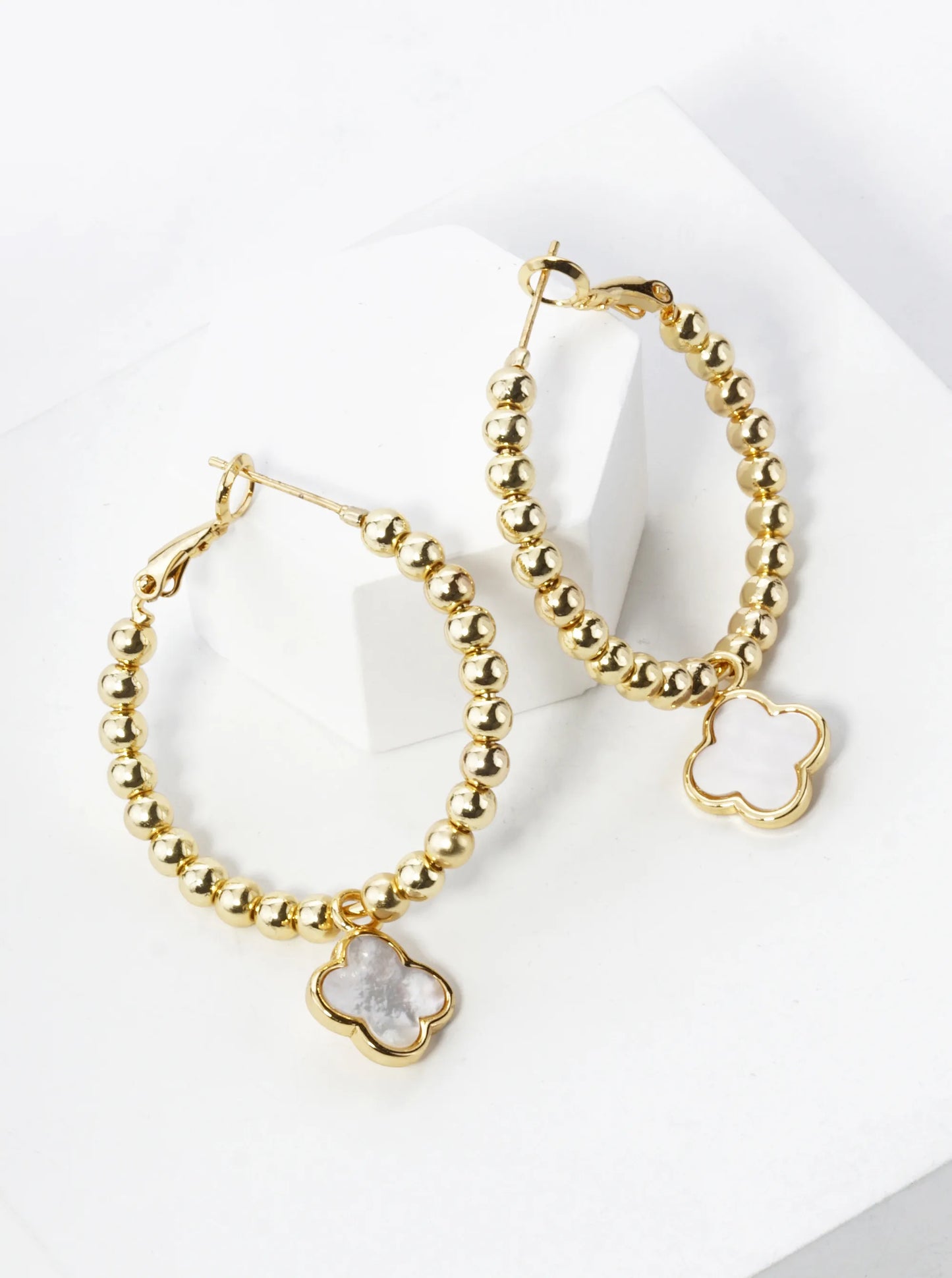 18K Gold Dipped 12mm Quatrefoil Drop 30mm Ball Beaded Leverback Hoop Earrings