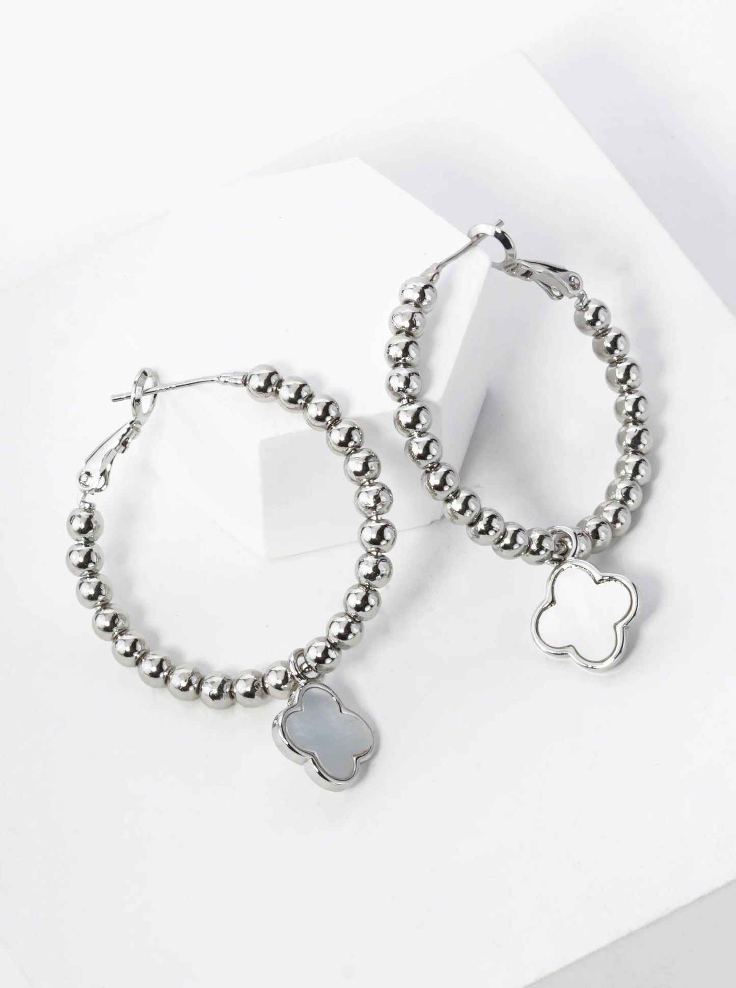 18K Gold Dipped 12mm Quatrefoil Drop 30mm Ball Beaded Leverback Hoop Earrings