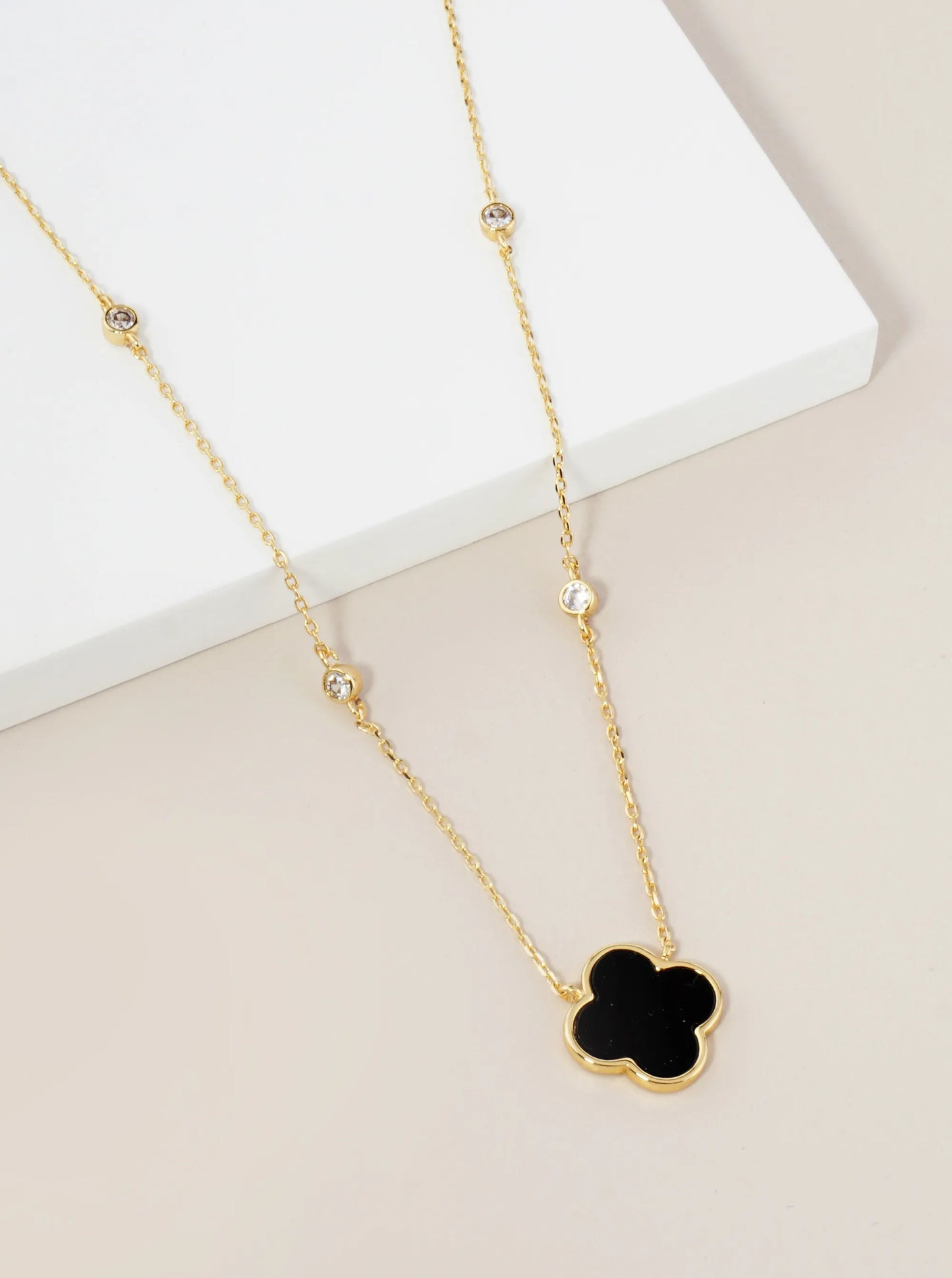 18K Gold Dipped 13mm Quatrefoil Pendant CZ Stone Chain Necklace