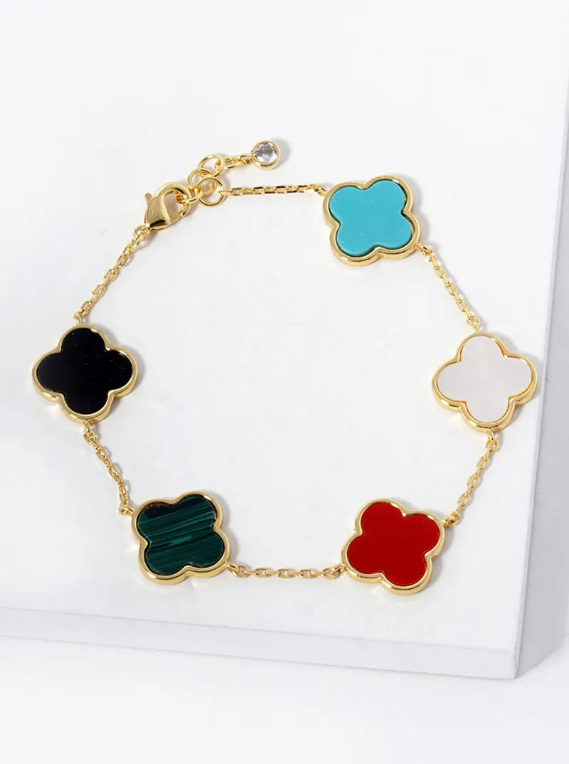 18K Gold Dipped 14mm Five Semi-Precious Quatrefoil Chain Bracelet