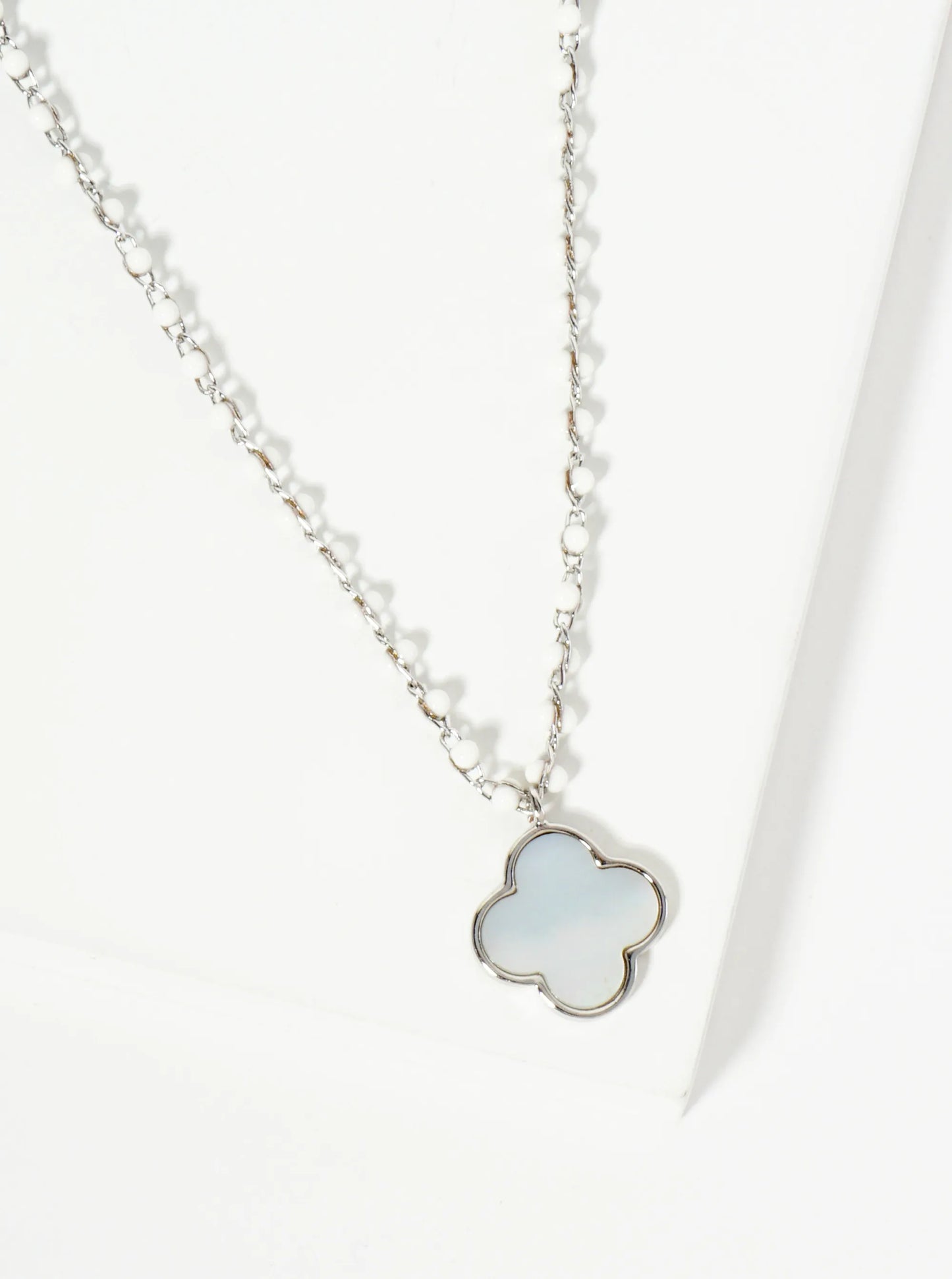 18K Gold Dipped 14mm Quatrefoil Pendant Glass Beaded Chain Necklace