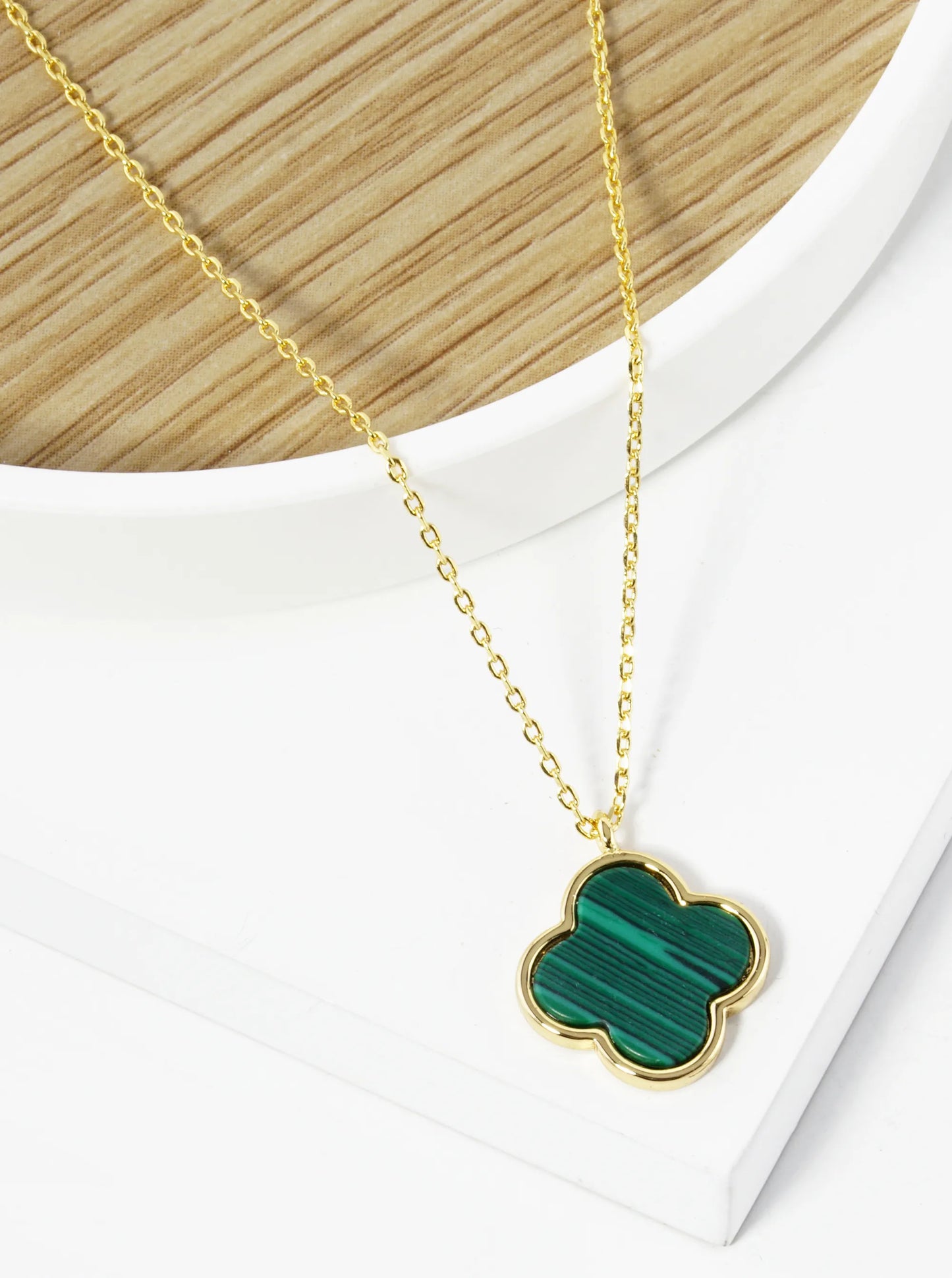 18K Gold Dipped 14mm Semi-Precious Quatrefoil Pendant Necklace
