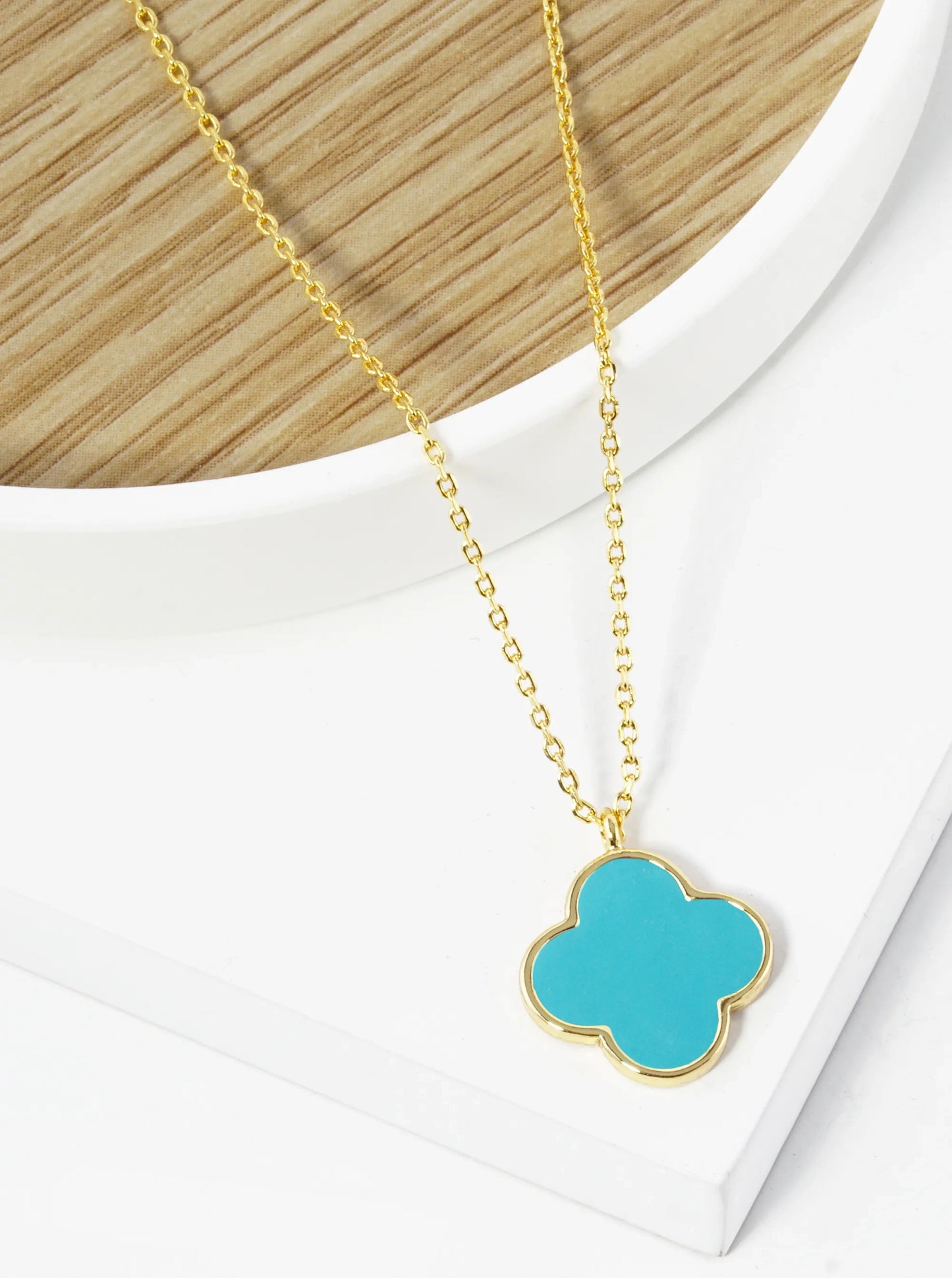 18K Gold Dipped 14mm Semi-Precious Quatrefoil Pendant Necklace