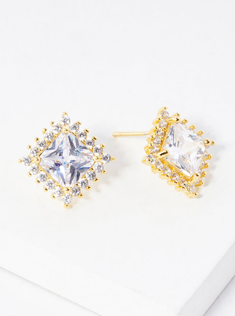 White Gold Dipped 15mm CZ Pave Rhombus Post Stud Earrings