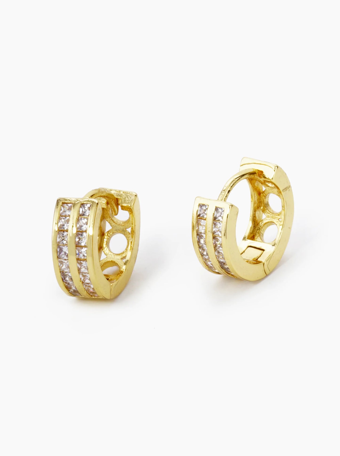 18K Gold Dipped 2 Line Micro Pave Set Cubic Zirconia 12mm Huggie Hoop Earrings